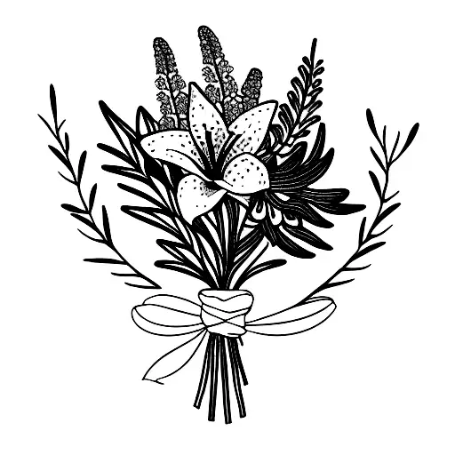 bouquet with Lily flower blooming out of rosemary and olive tree branch  tattoo design idea