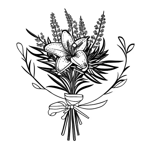 bouquet with Lily flower blooming out of rosemary and olive tree branch  tattoo design idea