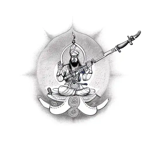 Akal takht with spear in clouds and ak47 tattoo design idea