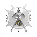 Akal takht with spear in clouds and ak47 tattoo design idea