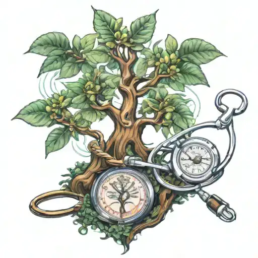 A cosmic money tree symbolizing wealth and abundance intertwined with a stethoscope representing health and prosperity tattoo design idea