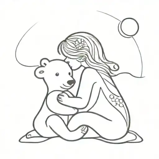 stick figure Little girl with flowers in her hair sitting with polar bear cub and waves around them tattoo design idea