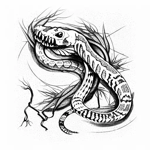 a dead snake bites its own tail in places its skeleton is visible tattoo design idea