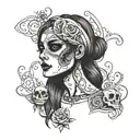 half girl half skull with face tape on her face and arms crossed across chest tattoo design idea