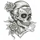 half girl half skull with face tape on her face and arms crossed across chest tattoo design idea