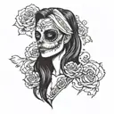 half girl half skull with face tape on her face and arms crossed across chest tattoo design idea