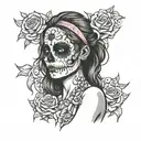 half girl half skull with face tape on her face and arms crossed across chest tattoo design idea