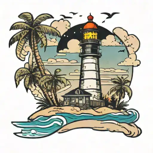 A tattoo of a literary-themed lighthouse overlooking a beach filled with dogs playing in the sand tattoo design idea