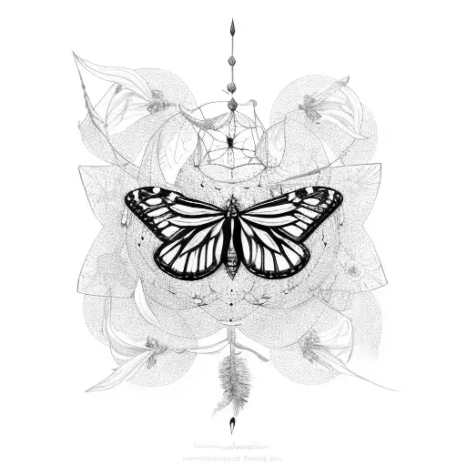 high contrast dreamcatcher with flying monarch butterfly around lily flowers tattoo design idea