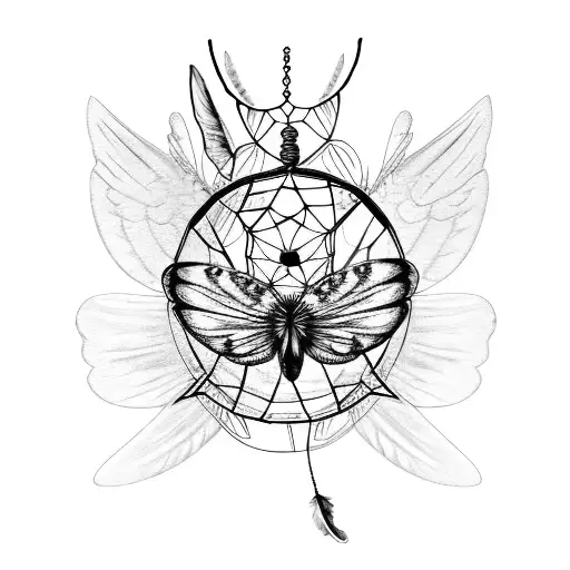 high contrast dream catcher with butterfly wings and dangling feather tattoo design idea