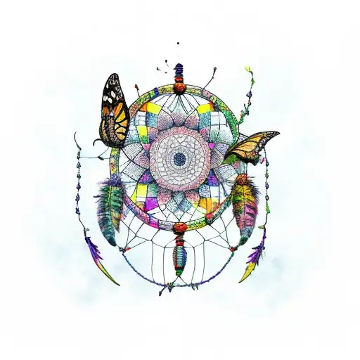 high contrast dreamcatcher with flying monarch butterfly around lily flowers tattoo design idea