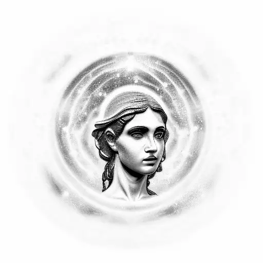 draw a realistc Black and White tattoo style bust of a Greek female statue with a galaxy background and a black hole tattoo design idea