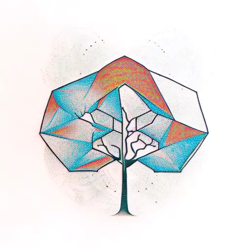 a tree with one half geometrical style and the other half normal  tattoo design idea