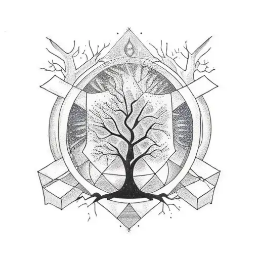 a tree divided by half vertically with one half geometrical style and the other half normal  tattoo design idea