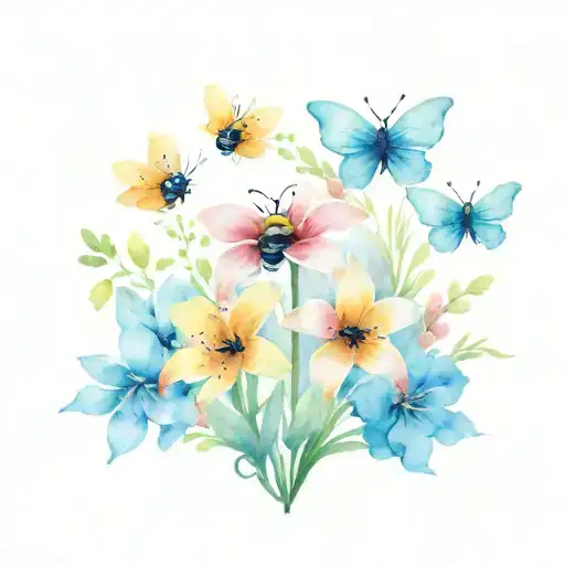 4 flower bouquet with bee,butterfly and ladybug flying above it  tattoo design idea