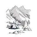 mountain scene, rock climbing, tent camping, fishing, hiking  tattoo design idea