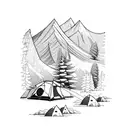 mountain scene, rock climbing, tent camping, fishing, hiking  tattoo design idea