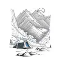 mountain scene, rock climbing, tent camping, fishing, hiking  tattoo design idea