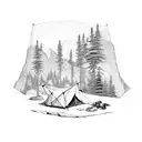 mountain scene, rock climbing, tent camping, fishing, hiking  tattoo design idea