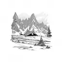 mountain scene, rock climbing, tent camping, fishing, hiking  tattoo design idea