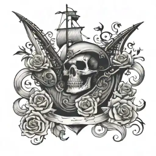 black full chest life and death, skull, roses, pirate ship tattoo design idea