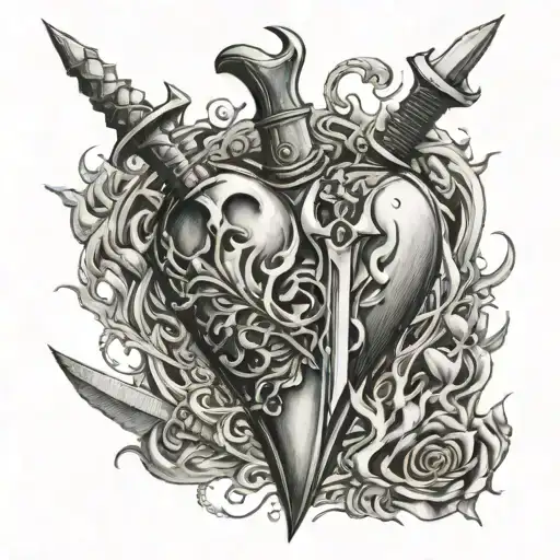 A dagger piercing through a heart with a girl's name engraved on it, surrounded by flames of hatred tattoo design idea