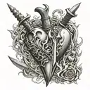 A dagger piercing through a heart with a girl's name engraved on it, surrounded by flames of hatred tattoo design idea