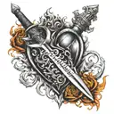 A dagger piercing through a heart with a girl's name engraved on it, surrounded by flames of hatred tattoo design idea