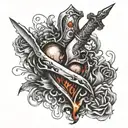 A dagger piercing through a heart with a girl's name engraved on it, surrounded by flames of hatred tattoo design idea