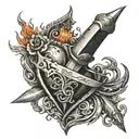 A dagger piercing through a heart with a girl's name engraved on it, surrounded by flames of hatred tattoo design idea