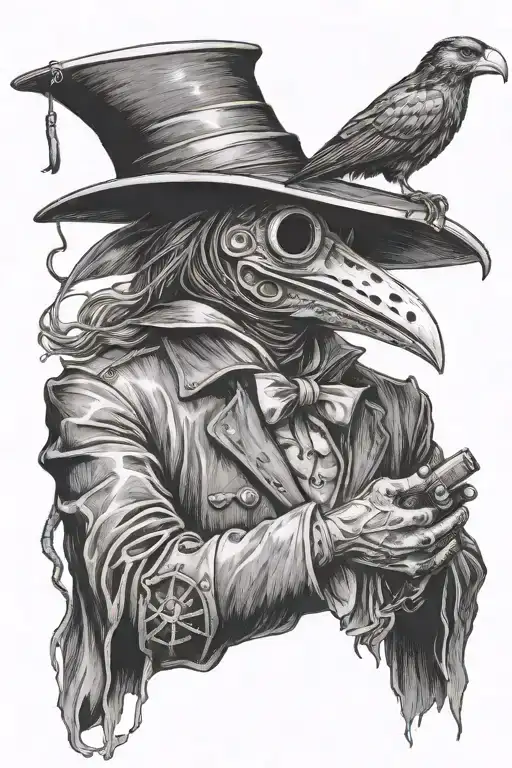 Plague Doctor taking off a mask and percussion monkey under it tattoo design idea