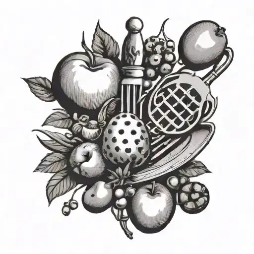 An intricate blackwork tattoo of a cooking utensil (such as a whisk or spatula) intertwined with fruit like cherries, peaches, pears, apples, and pineapple tattoo design idea