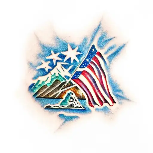 american flag with mountains and beach tattoo design idea
