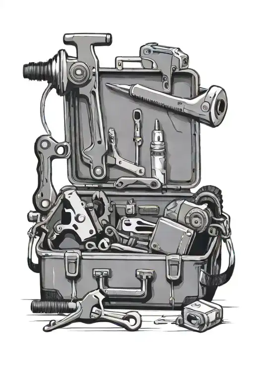 tool case with drill, hacksaw, set square, level, wrenches and plumb line. to be tattooed on the arm tattoo design idea