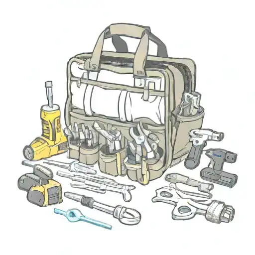 tool bag with screwdriver, Phillips screwdriver, drill, saw bow, square, plumb, level, tattoo design idea