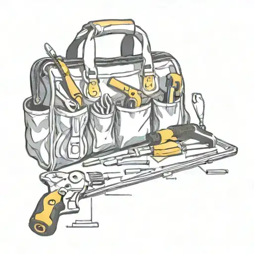 tool bag with drill, screwdriver, allen wrench, saw blade wrench, square, plumb, level tattoo design idea