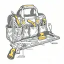 tool bag with drill, screwdriver, allen wrench, saw blade wrench, square, plumb, level tattoo design idea