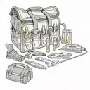 tool bag with drill, screwdriver, allen wrench, saw blade wrench, square, plumb, level tattoo design idea