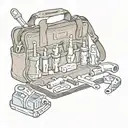 tool bag with drill, screwdriver, allen wrench, saw blade wrench, square, plumb, level tattoo design idea
