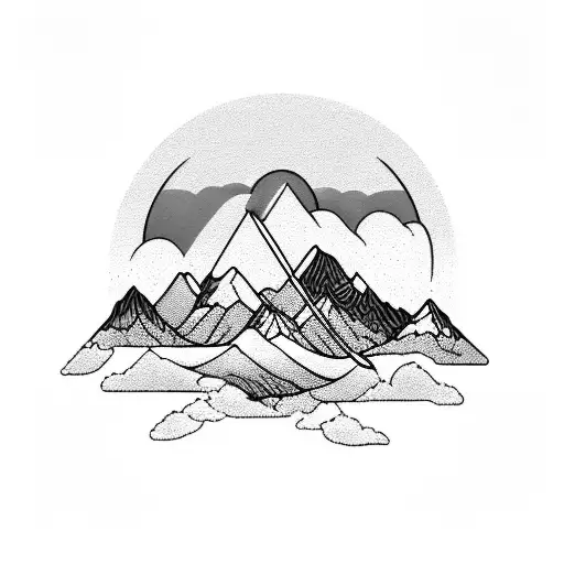 fish scales, waves, mountain, trees, clouds, sun tattoo design idea