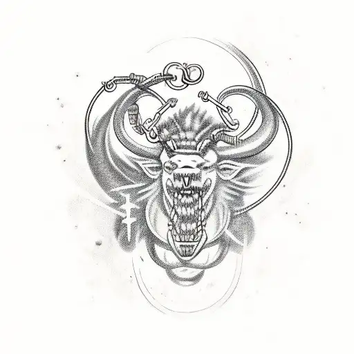 A depiction of a Minotaur with chains around its wrists portrays a powerful and mythical creature restrained by bonds. T tattoo design idea