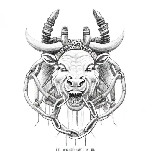 A depiction of a Minotaur with chains around its wrists portrays a powerful and mythical creature restrained by bonds tattoo design idea