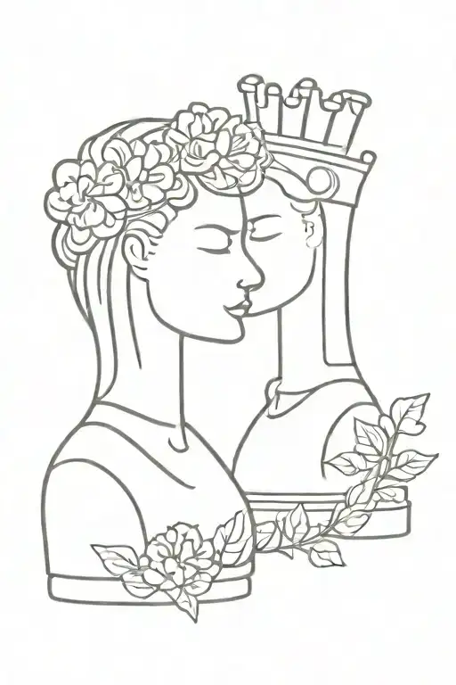 Chess queen with marigold one line art. Continuous line drawing of Chess Pieces with flowers. Hand drawn vector tattoo design idea