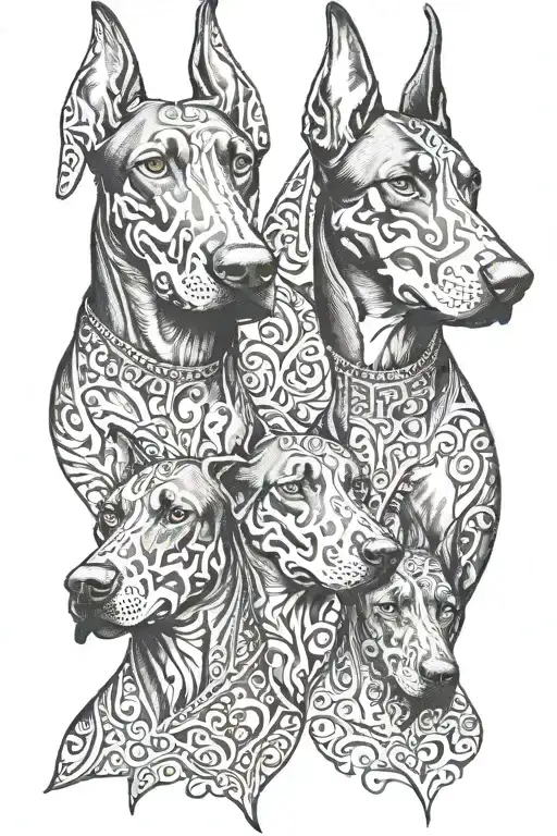 3 doberman dogs surrounded by filigrain tattoo design idea