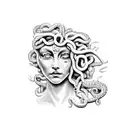 beautiful Medusa head with stone face and illuminated crying eyes,  tattoo design idea