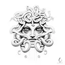 beautiful Medusa head with stone face and illuminated crying eyes,  tattoo design idea