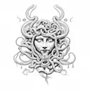 beautiful Medusa head with stone face and illuminated crying eyes,  tattoo design idea