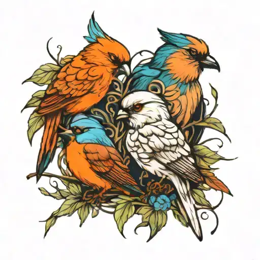 3 birds and a feather intertwined tattoo design idea