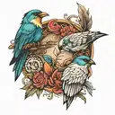 3 birds and a feather intertwined tattoo design idea
