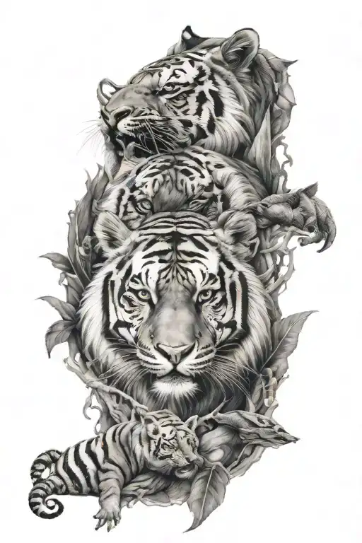 Human domination over tiger, bear and dragon inside tattoo design idea